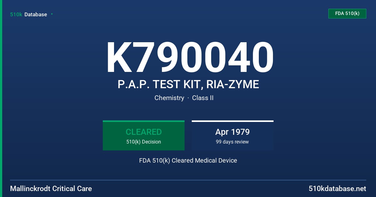 K790040 P.A.P. TEST KIT, RIA-ZYME FDA 510(k) Cleared Medical Device