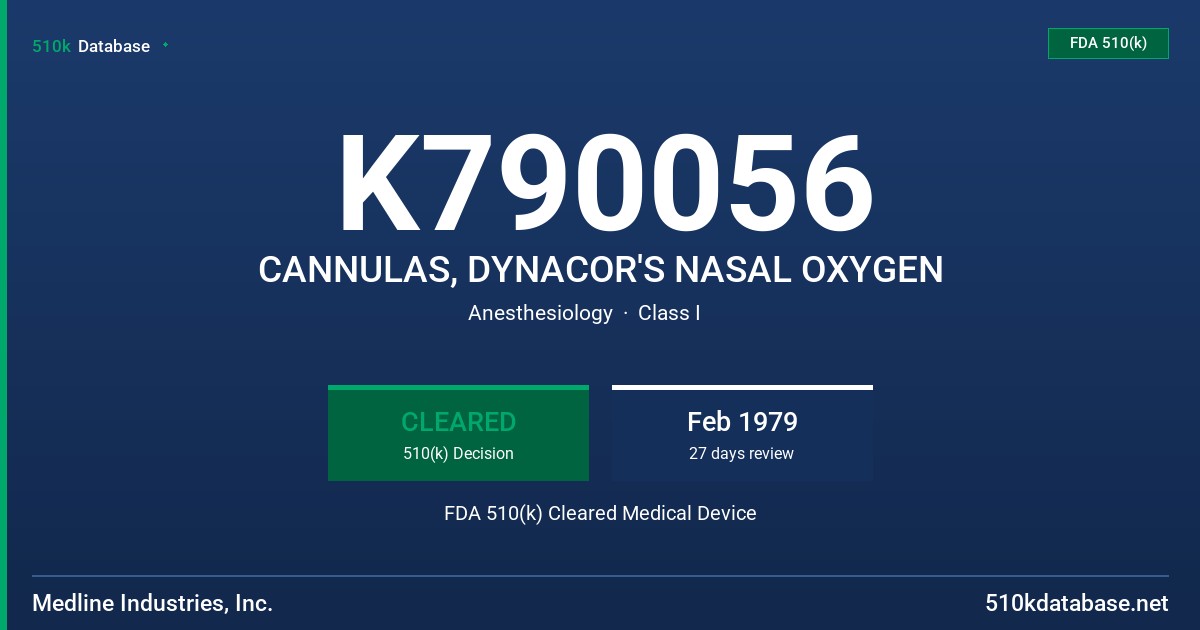 K790056 CANNULAS, DYNACOR'S NASAL OXYGEN FDA 510(k) Cleared Medical Device
