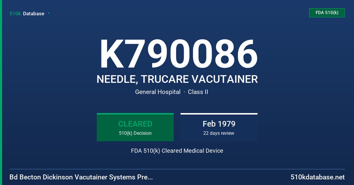 K790086 NEEDLE, TRUCARE VACUTAINER FDA 510(k) Cleared Medical Device