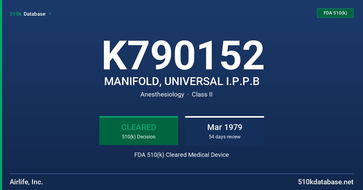 K790152 MANIFOLD, UNIVERSAL I.P.P.B FDA 510(k) Cleared Medical Device
