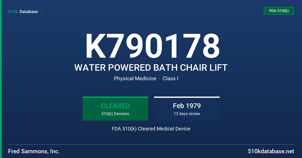 K790178 WATER POWERED BATH CHAIR LIFT FDA 510(k) Cleared Medical Device