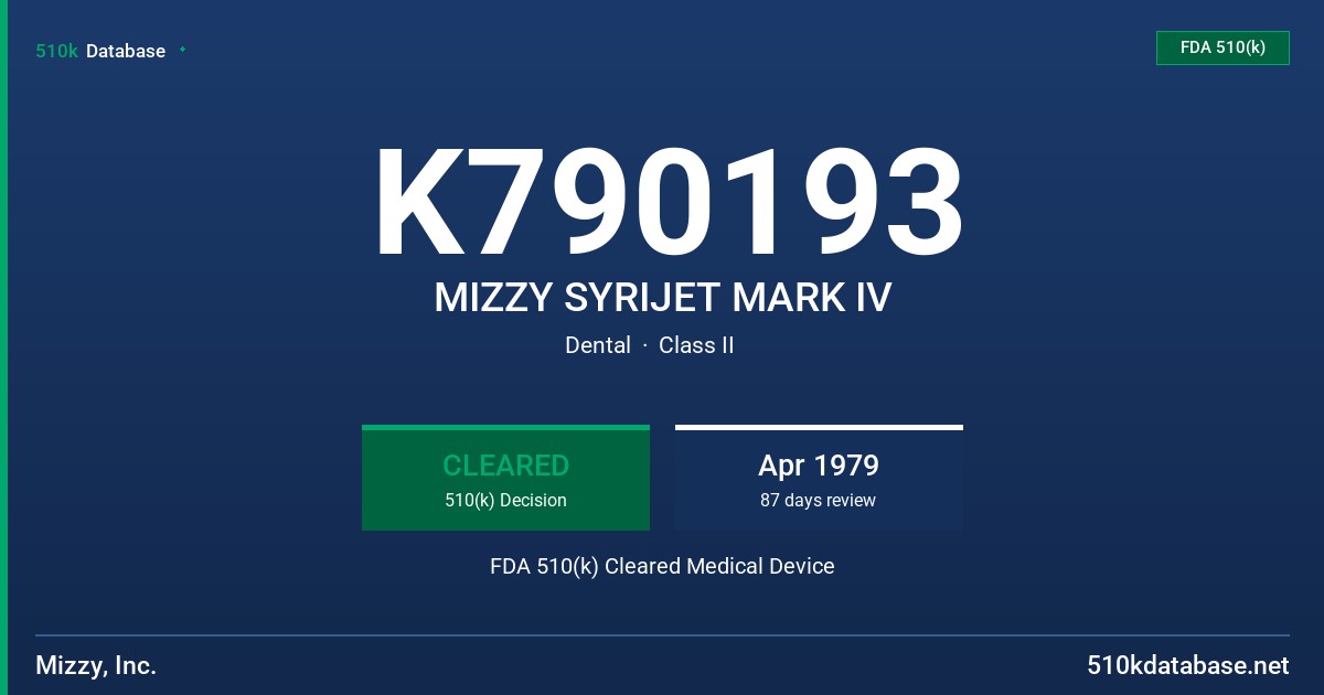 K790193 MIZZY SYRIJET MARK IV FDA 510(k) Cleared Medical Device