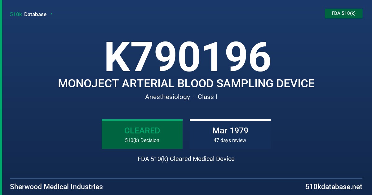 K790196 MONOJECT ARTERIAL BLOOD SAMPLING DEVICE FDA 510(k) Cleared Medical Device