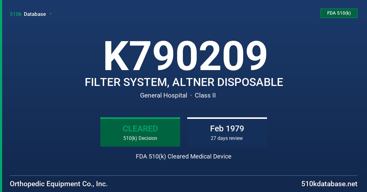 K790209 FILTER SYSTEM, ALTNER DISPOSABLE FDA 510(k) Cleared Medical Device