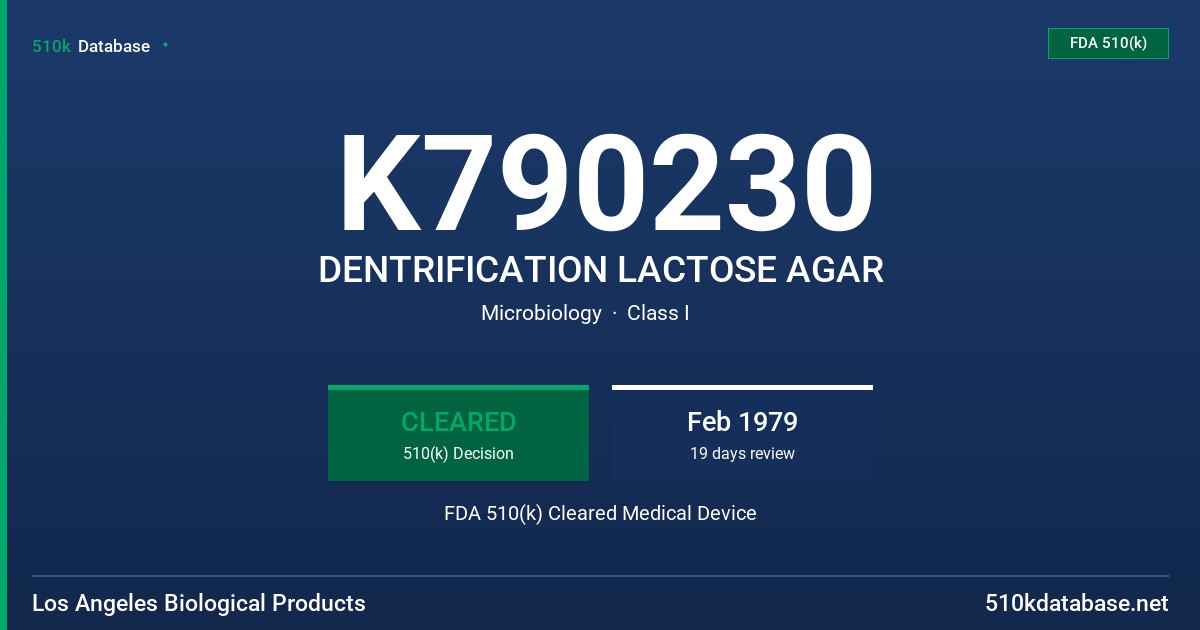 K790230 DENTRIFICATION LACTOSE AGAR FDA 510(k) Cleared Medical Device