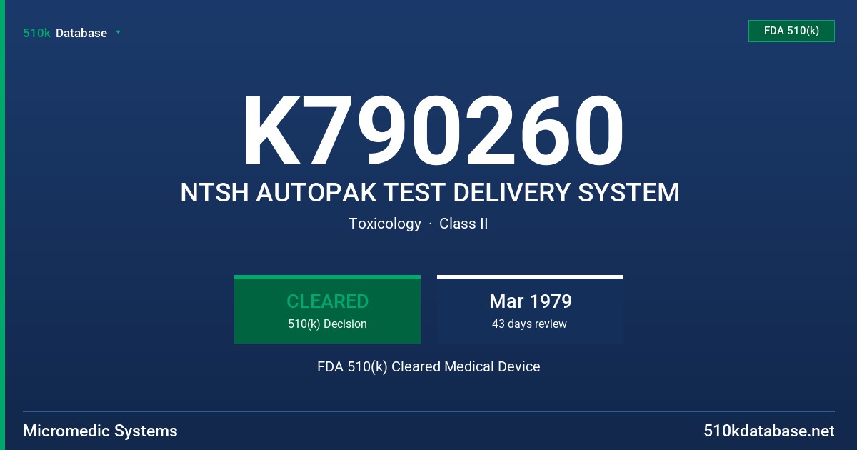 K790260 NTSH AUTOPAK TEST DELIVERY SYSTEM FDA 510(k) Cleared Medical Device