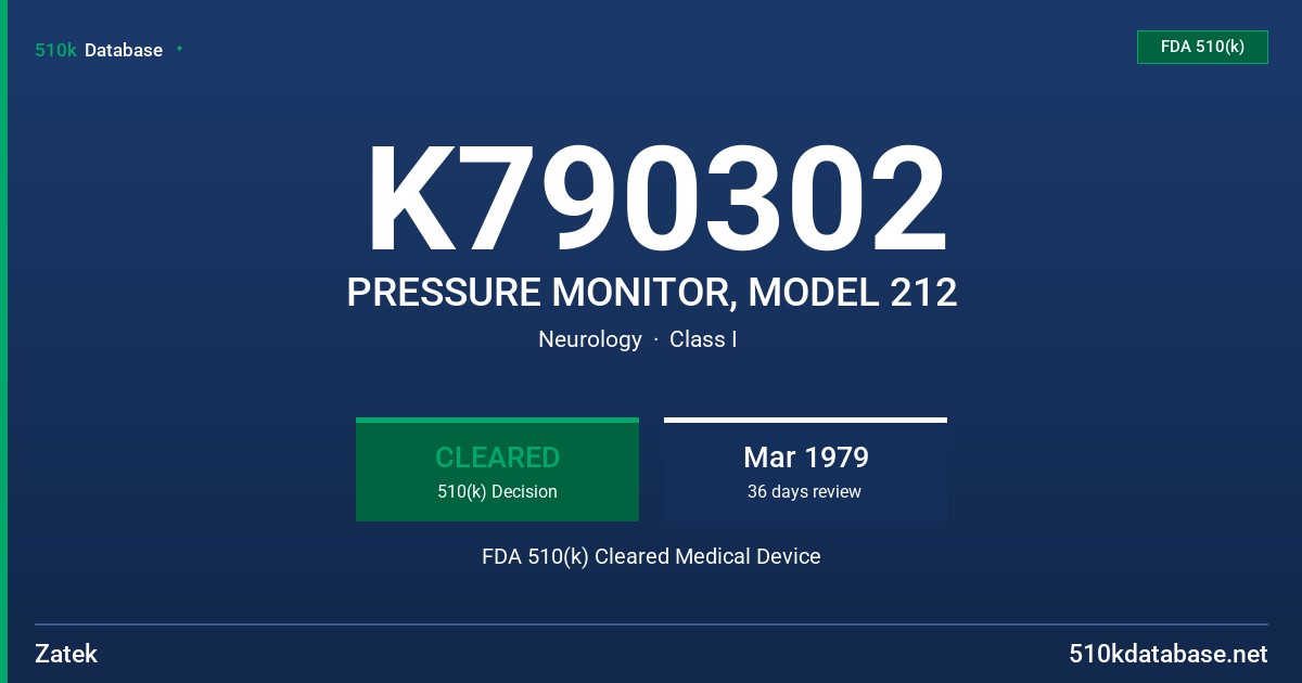 K790302 PRESSURE MONITOR, MODEL 212 FDA 510(k) Cleared Medical Device