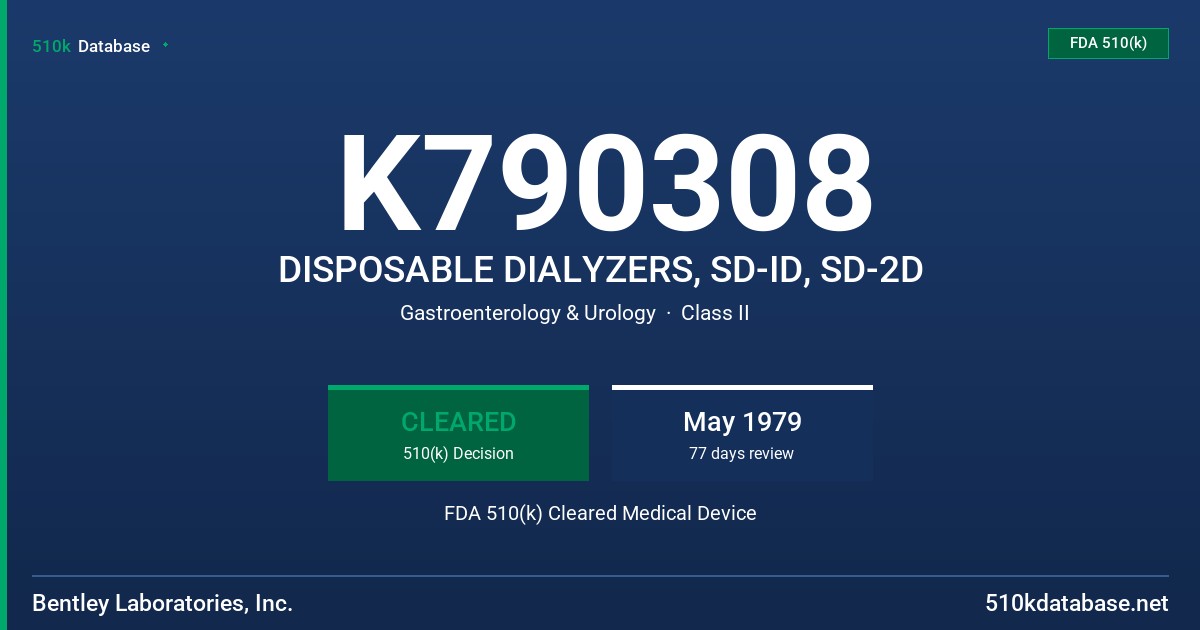 K790308 DISPOSABLE DIALYZERS, SD-ID, SD-2D FDA 510(k) Cleared Medical Device