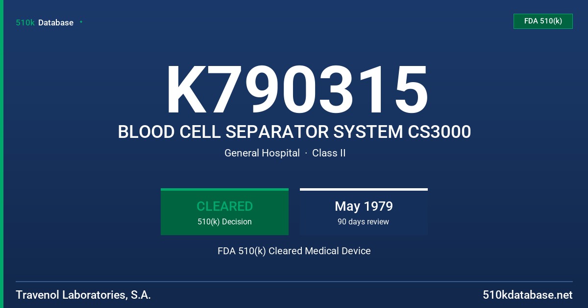 K790315 BLOOD CELL SEPARATOR SYSTEM CS3000 FDA 510(k) Cleared Medical Device