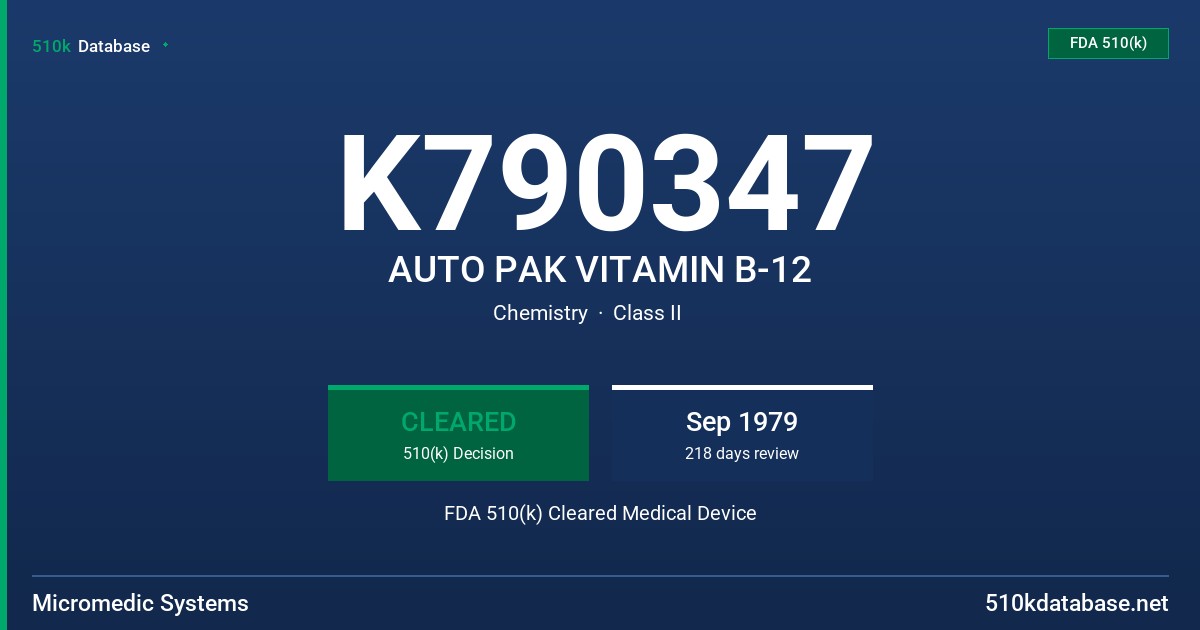 K790347 AUTO PAK VITAMIN B-12 FDA 510(k) Cleared Medical Device