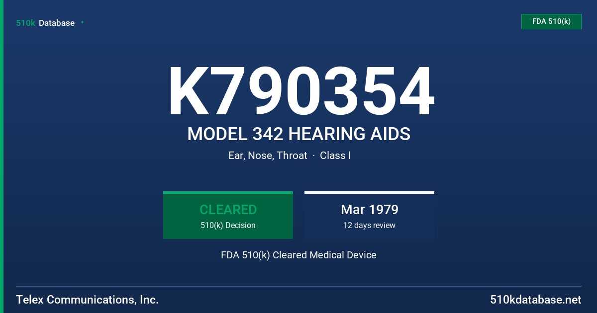 K790354 MODEL 342 HEARING AIDS FDA 510(k) Cleared Medical Device