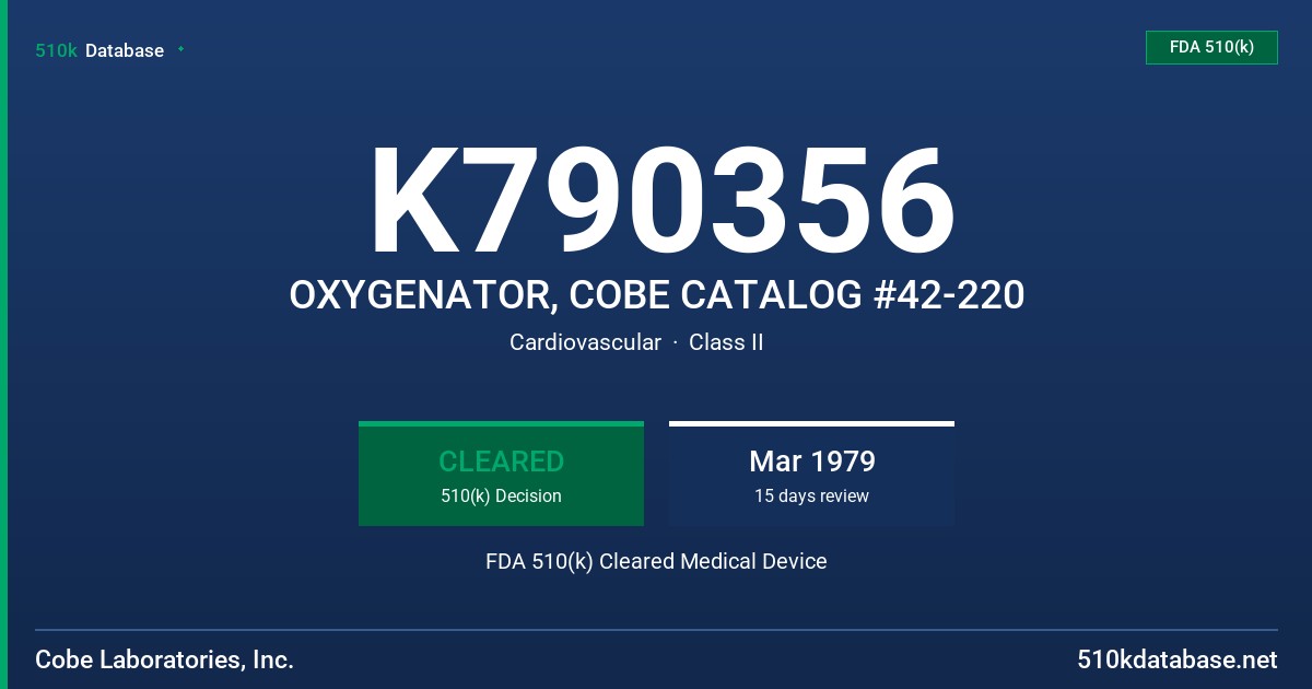 K790356 OXYGENATOR, COBE CATALOG #42-220 FDA 510(k) Cleared Medical Device