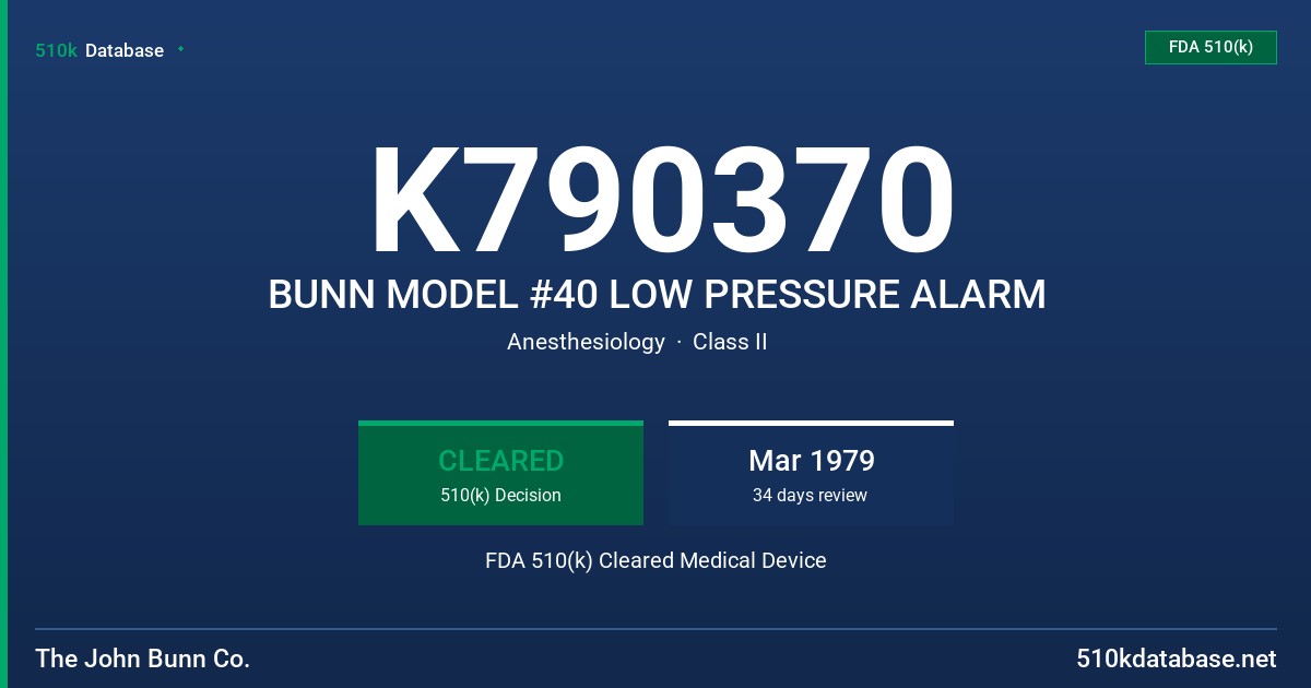K790370 BUNN MODEL #40 LOW PRESSURE ALARM FDA 510(k) Cleared Medical Device