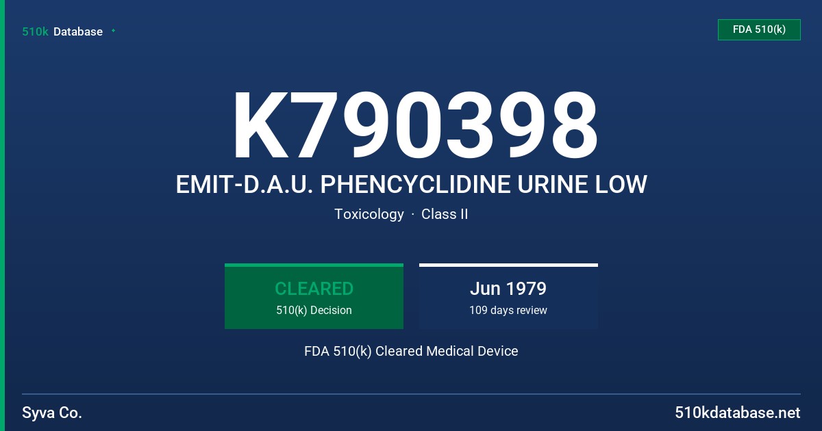 K790398 EMIT-D.A.U. PHENCYCLIDINE URINE LOW FDA 510(k) Cleared Medical Device