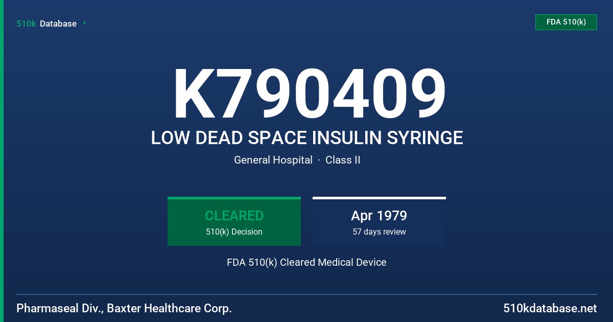K790409 LOW DEAD SPACE INSULIN SYRINGE FDA 510(k) Cleared Medical Device