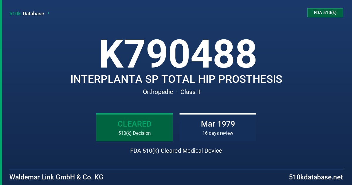 K790488 INTERPLANTA SP TOTAL HIP PROSTHESIS FDA 510(k) Cleared Medical Device