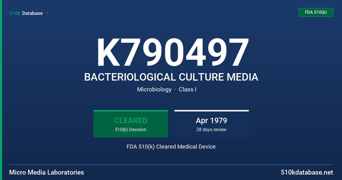 K790497 BACTERIOLOGICAL CULTURE MEDIA FDA 510(k) Cleared Medical Device