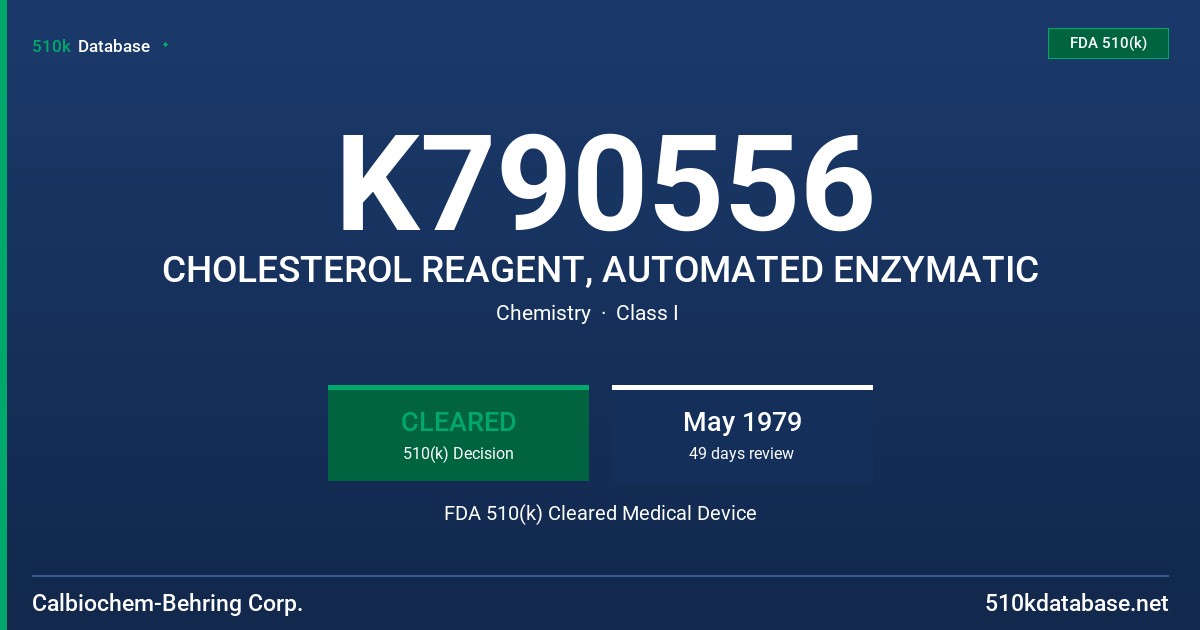 K790556 CHOLESTEROL REAGENT, AUTOMATED ENZYMATIC FDA 510(k) Cleared Medical Device