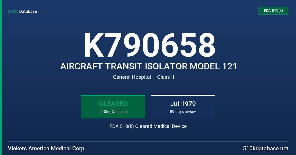 K790658 AIRCRAFT TRANSIT ISOLATOR MODEL 121 FDA 510(k) Cleared Medical Device