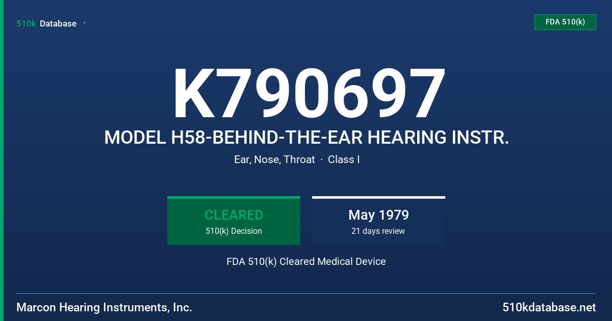 K790697 MODEL H58-BEHIND-THE-EAR HEARING INSTR. FDA 510(k) Cleared Medical Device