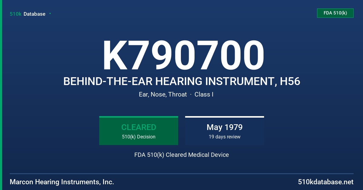 K790700 BEHIND-THE-EAR HEARING INSTRUMENT, H56 FDA 510(k) Cleared Medical Device