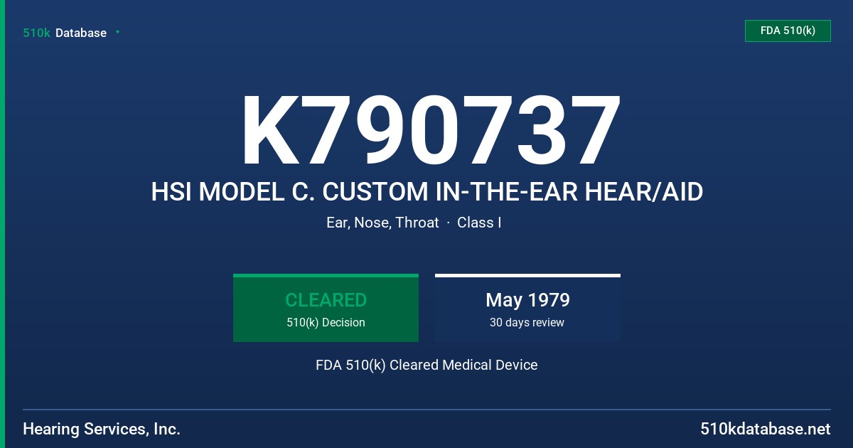K790737 HSI MODEL C. CUSTOM IN-THE-EAR HEAR/AID FDA 510(k) Cleared Medical Device