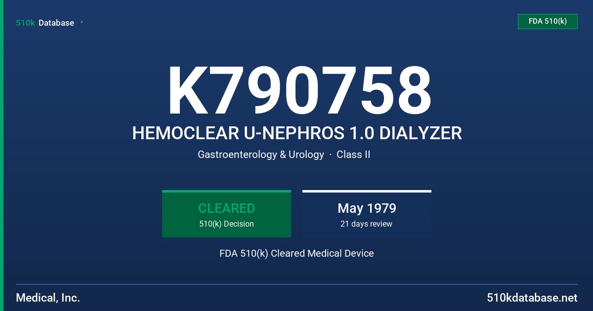 K790758 HEMOCLEAR U-NEPHROS 1.0 DIALYZER FDA 510(k) Cleared Medical Device