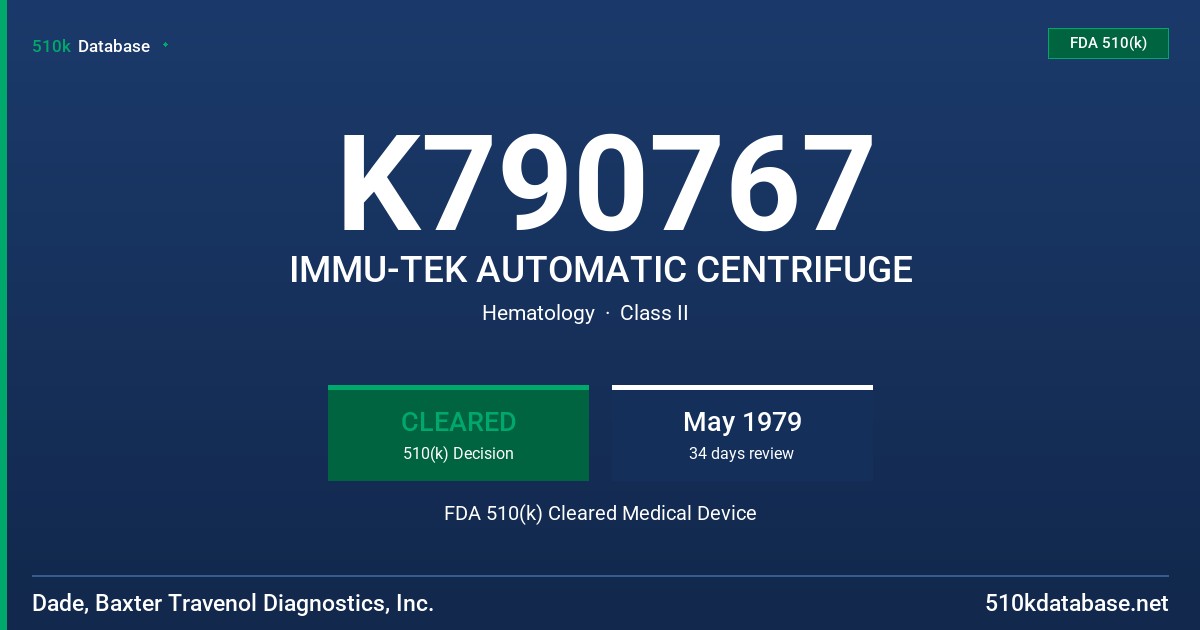 K790767 IMMU-TEK AUTOMATIC CENTRIFUGE FDA 510(k) Cleared Medical Device