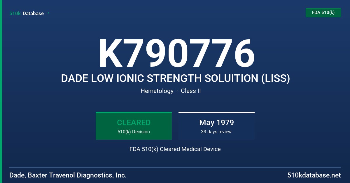 K790776 DADE LOW IONIC STRENGTH SOLUITION (LISS) FDA 510(k) Cleared Medical Device