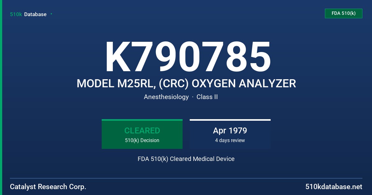 K790785 MODEL M25RL, (CRC) OXYGEN ANALYZER FDA 510(k) Cleared Medical Device