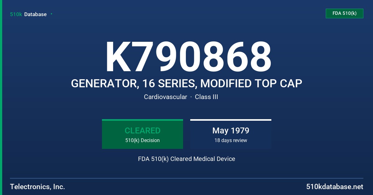 K790868 GENERATOR, 16 SERIES, MODIFIED TOP CAP FDA 510(k) Cleared Medical Device