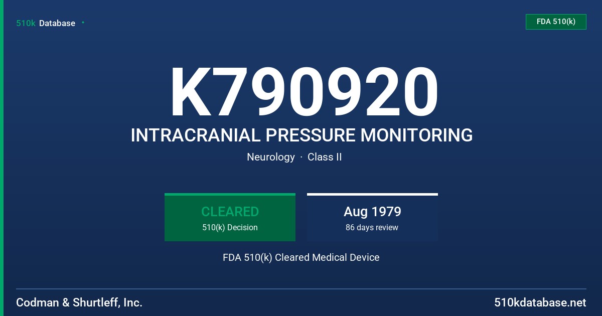 K790920 INTRACRANIAL PRESSURE MONITORING FDA 510(k) Cleared Medical Device