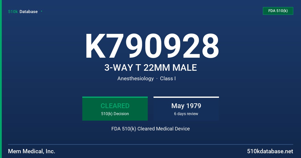 K790928 3-WAY T 22MM MALE FDA 510(k) Cleared Medical Device