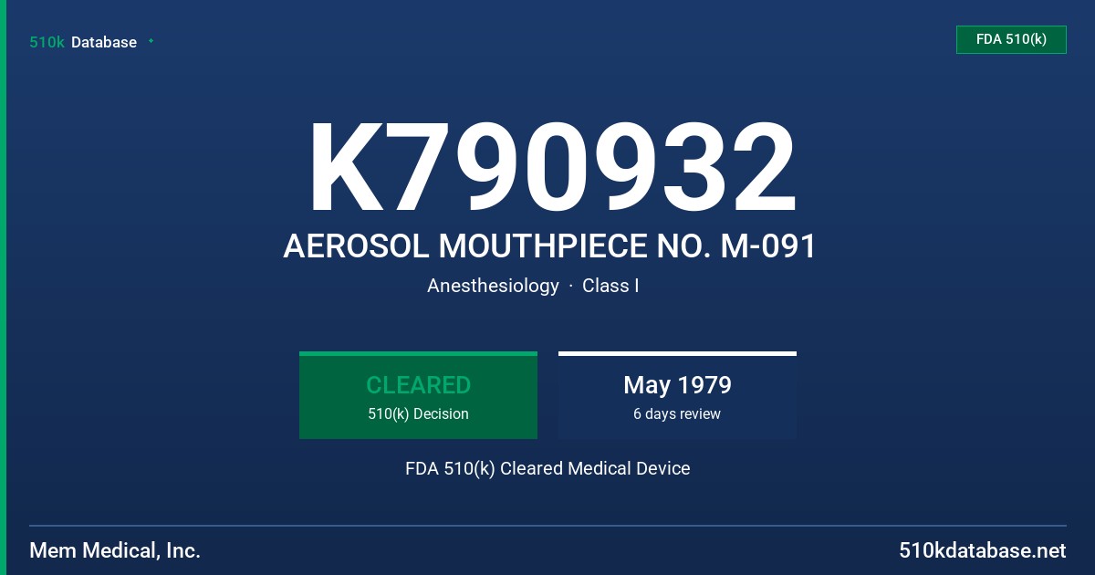 K790932 AEROSOL MOUTHPIECE NO. M-091 FDA 510(k) Cleared Medical Device