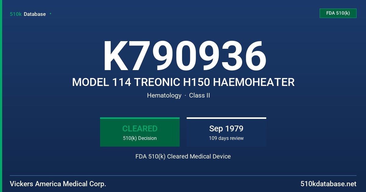 K790936 MODEL 114 TREONIC H150 HAEMOHEATER FDA 510(k) Cleared Medical Device