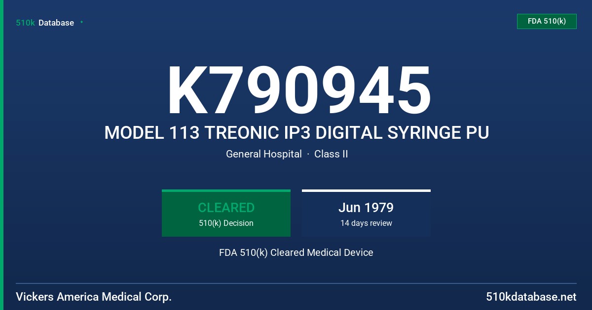 K790945 MODEL 113 TREONIC IP3 DIGITAL SYRINGE PU FDA 510(k) Cleared Medical Device