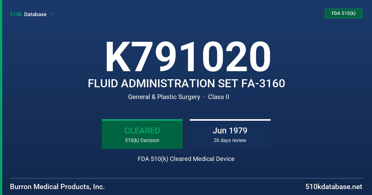 K791020 FLUID ADMINISTRATION SET FA-3160 FDA 510(k) Cleared Medical Device