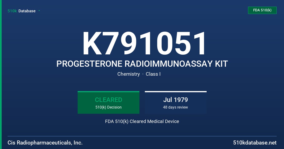 K791051 PROGESTERONE RADIOIMMUNOASSAY KIT FDA 510(k) Cleared Medical Device
