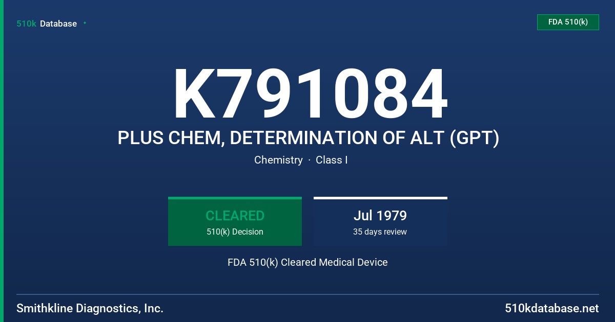 K791084 PLUS CHEM, DETERMINATION OF ALT (GPT) FDA 510(k) Cleared Medical Device