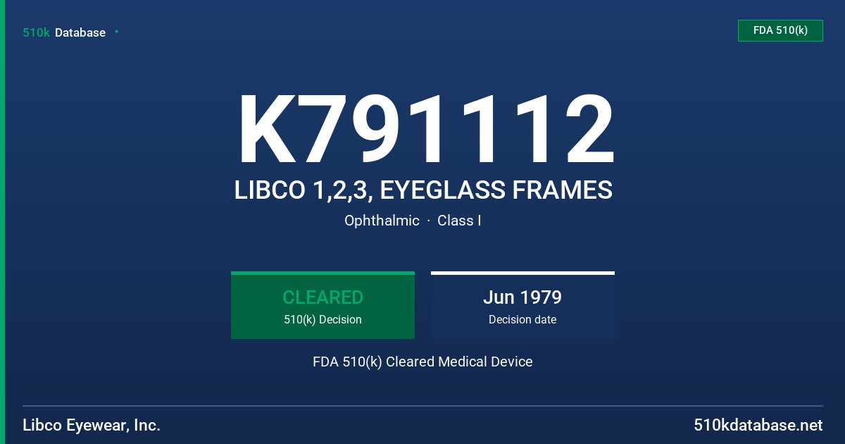 K791112 LIBCO 1,2,3, EYEGLASS FRAMES FDA 510(k) Cleared Medical Device
