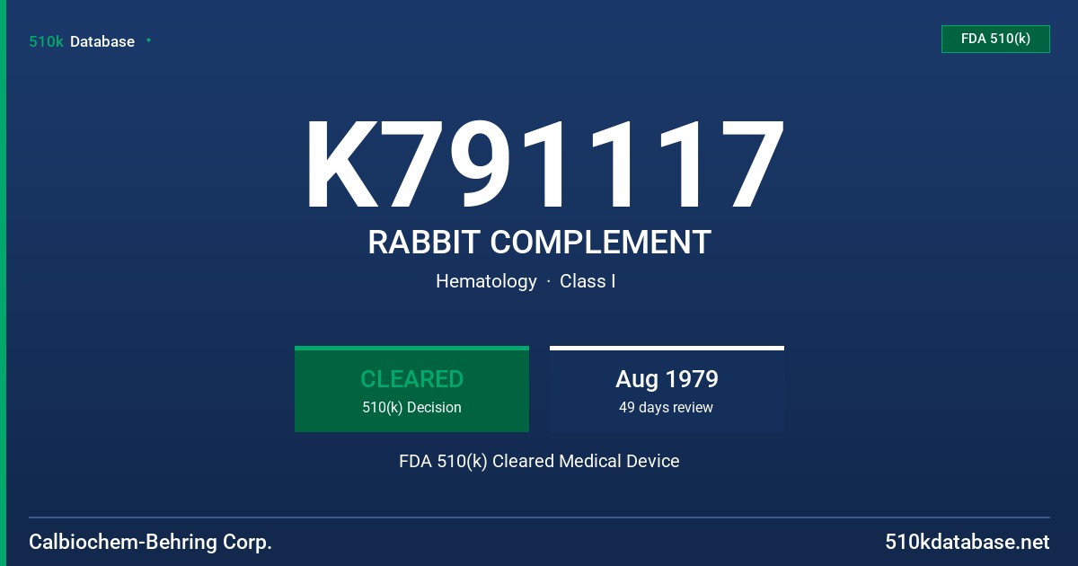 K791117 RABBIT COMPLEMENT FDA 510(k) Cleared Medical Device