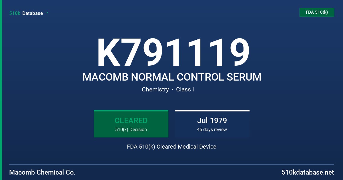 K791119 MACOMB NORMAL CONTROL SERUM FDA 510(k) Cleared Medical Device