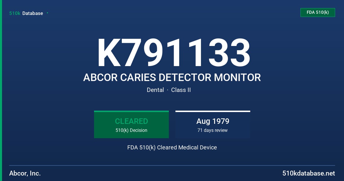 K791133 ABCOR CARIES DETECTOR MONITOR FDA 510(k) Cleared Medical Device
