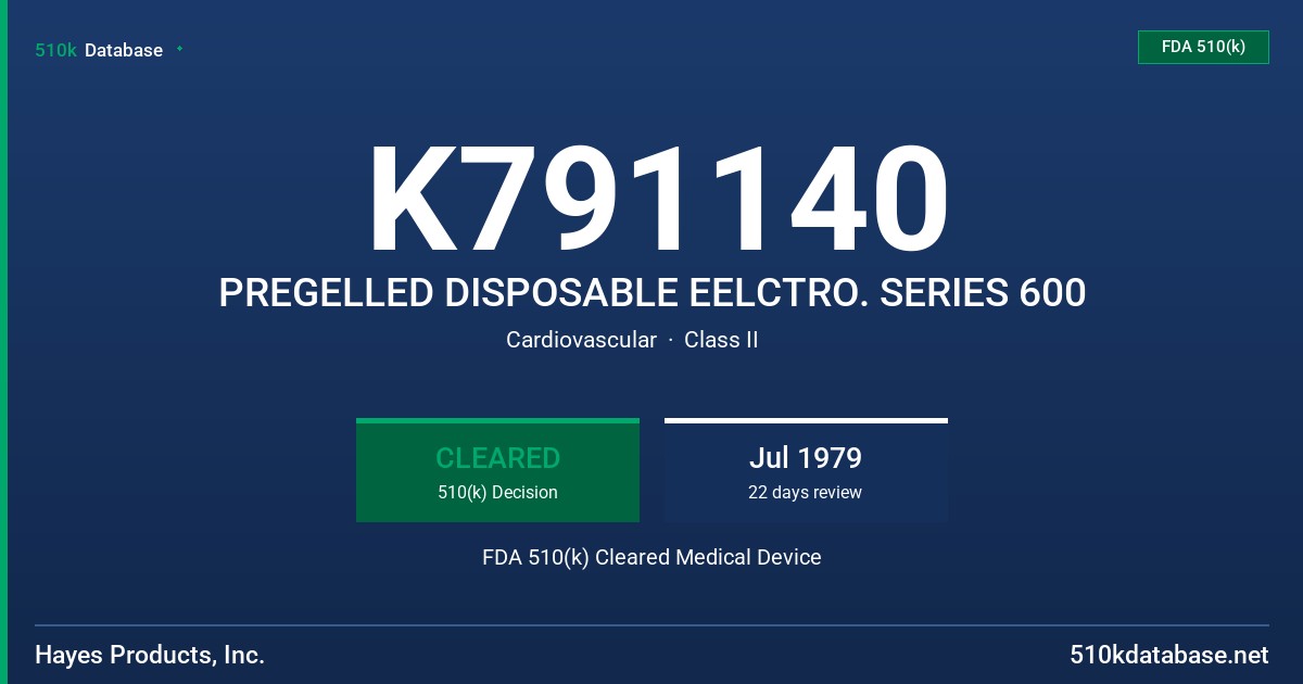 K791140 PREGELLED DISPOSABLE EELCTRO. SERIES 600 FDA 510(k) Cleared Medical Device