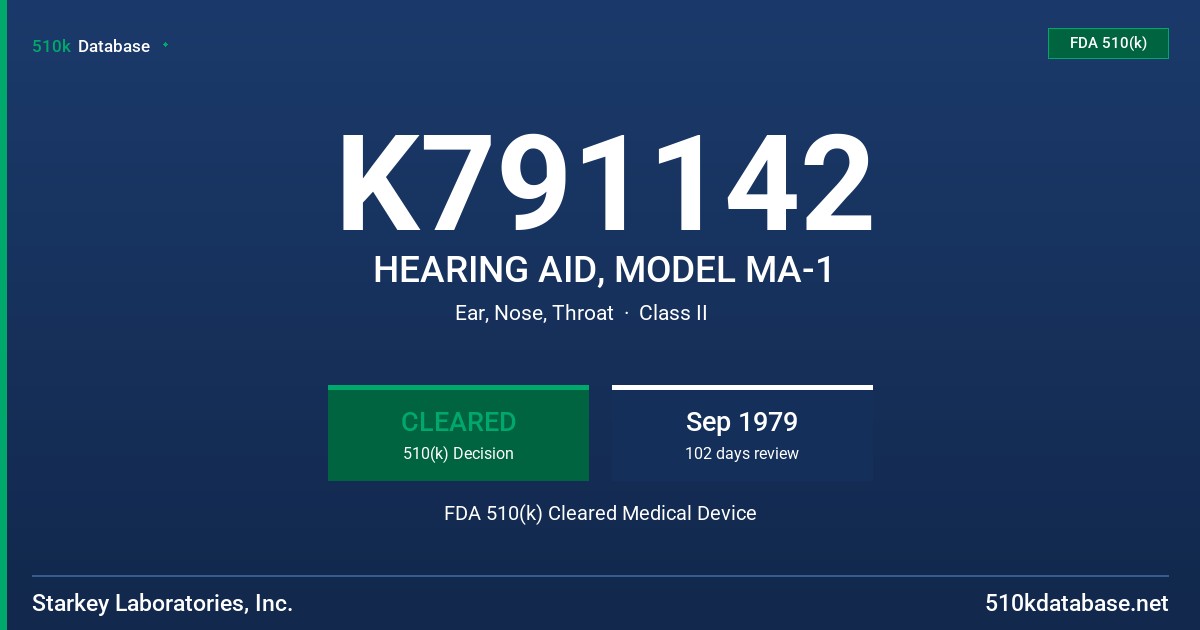 K791142 HEARING AID, MODEL MA-1 FDA 510(k) Cleared Medical Device