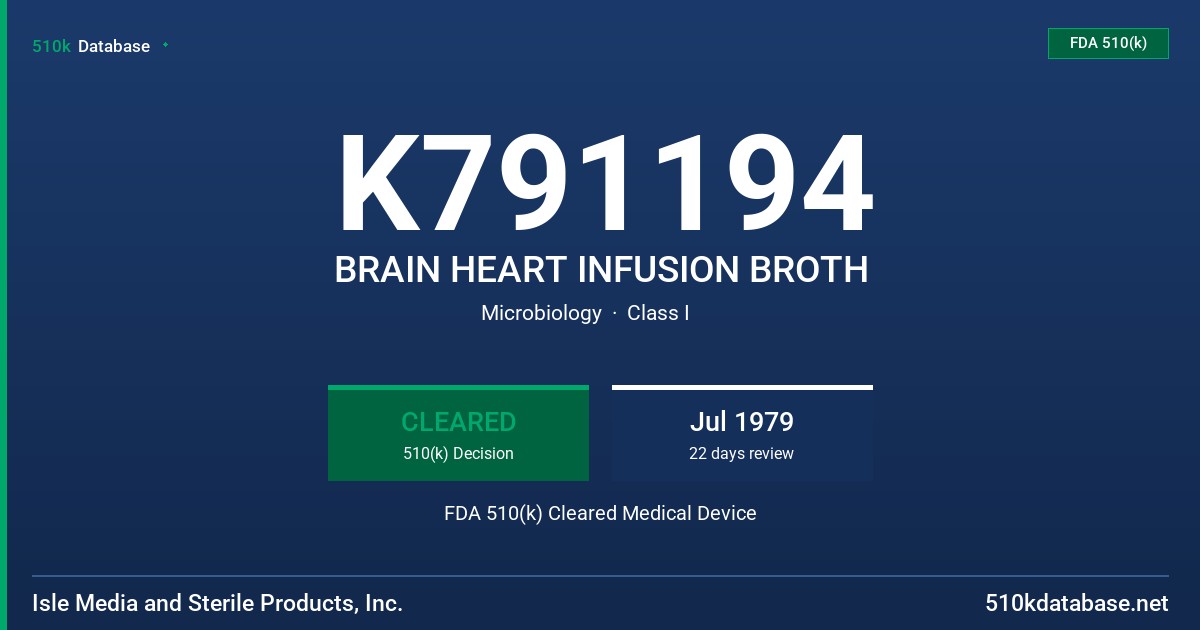 K791194 BRAIN HEART INFUSION BROTH FDA 510(k) Cleared Medical Device