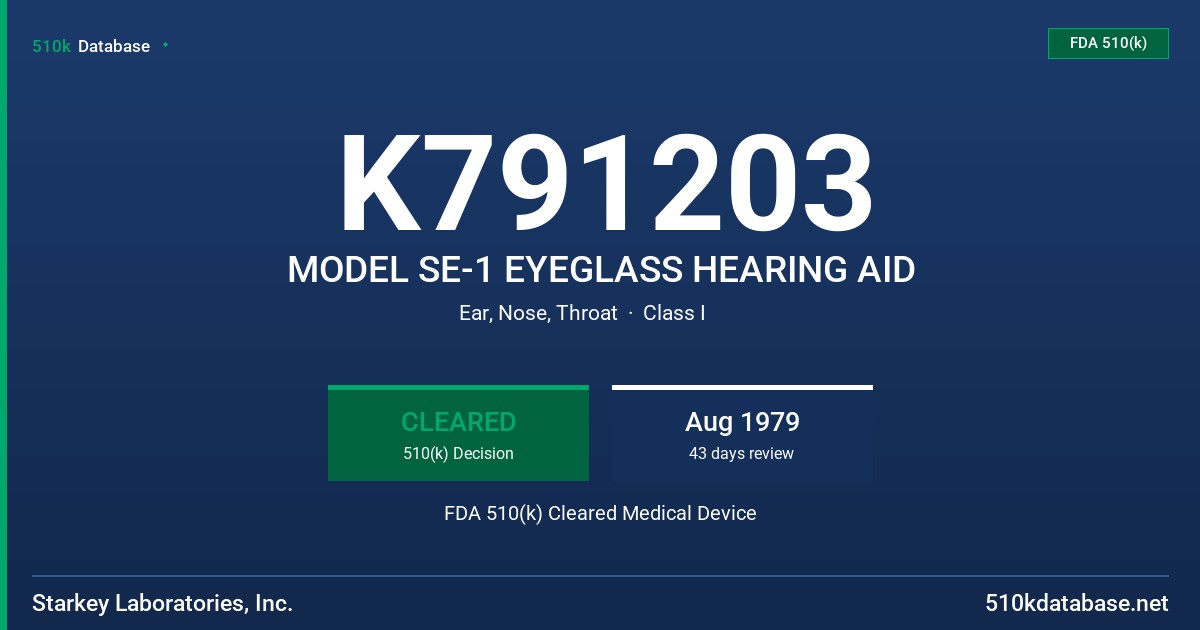 K791203 MODEL SE-1 EYEGLASS HEARING AID FDA 510(k) Cleared Medical Device