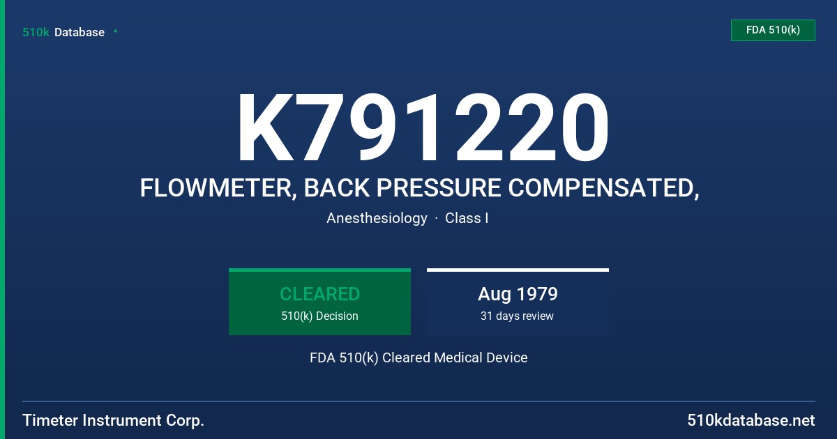 K791220 FLOWMETER, BACK PRESSURE COMPENSATED, FDA 510(k) Cleared Medical Device
