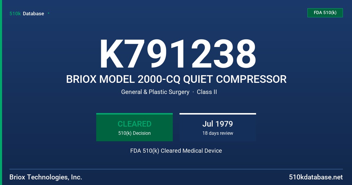 K791238 BRIOX MODEL 2000-CQ QUIET COMPRESSOR FDA 510(k) Cleared Medical Device