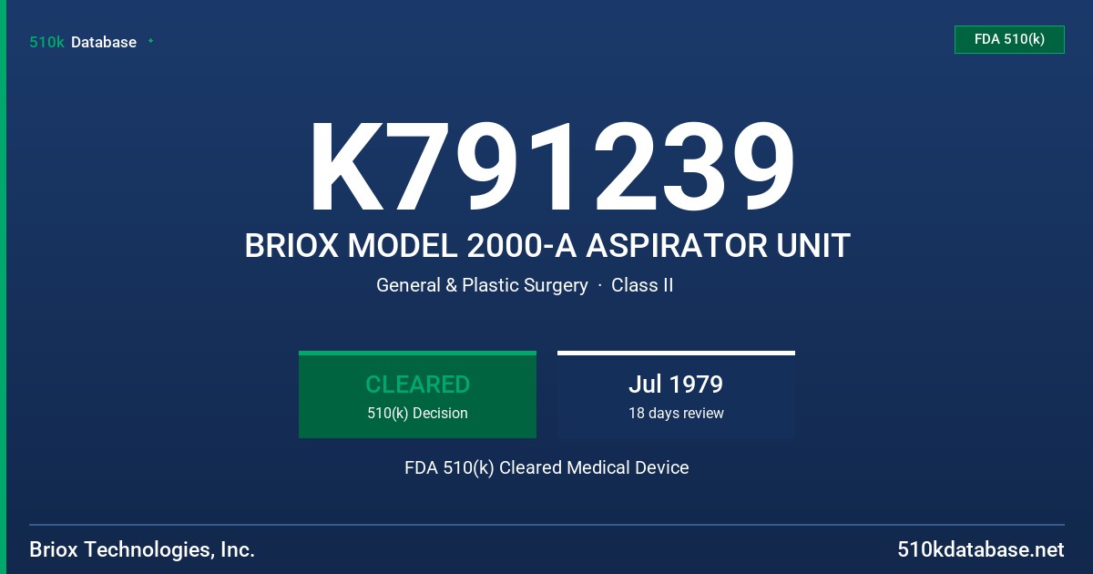 K791239 BRIOX MODEL 2000-A ASPIRATOR UNIT FDA 510(k) Cleared Medical Device